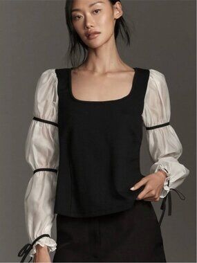 Maeve Anthropologie Balloon Sleeve Black and White Top S NWT